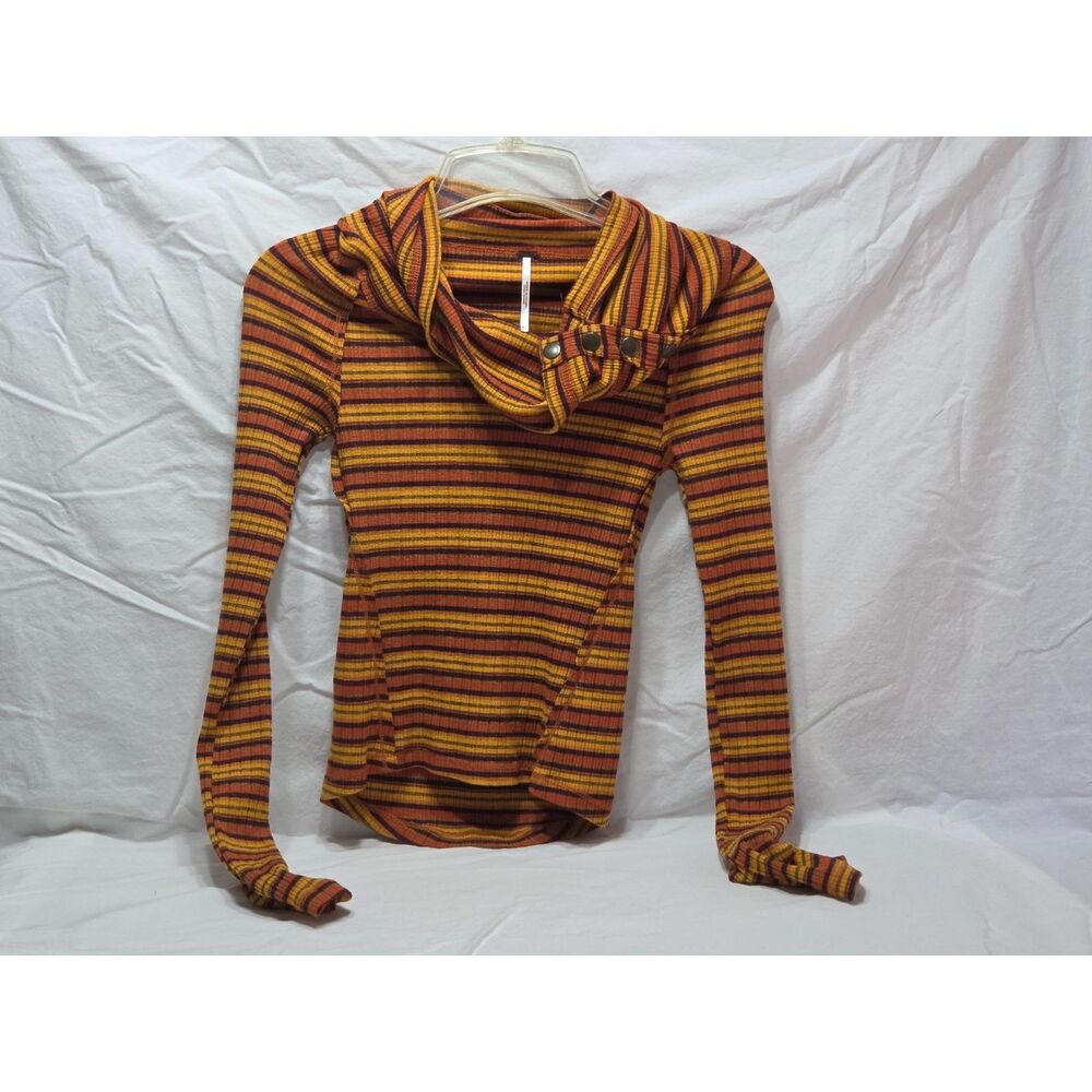 Free People Cape Cod Thermal Striped Snap Button Cowl Neck Top Orange Multi XS